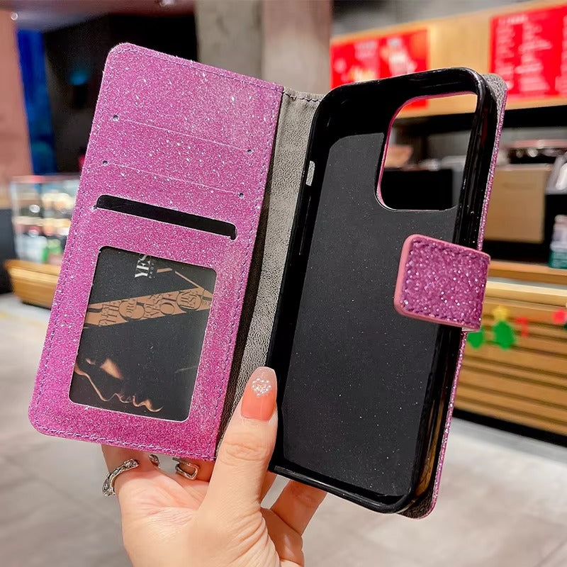 Luxury iPhone Glitter Wallet Flip Case — PU Leather Cover with Sparkling Design, Card Storage Compartment, Full Body Protection, Stylish and Durable