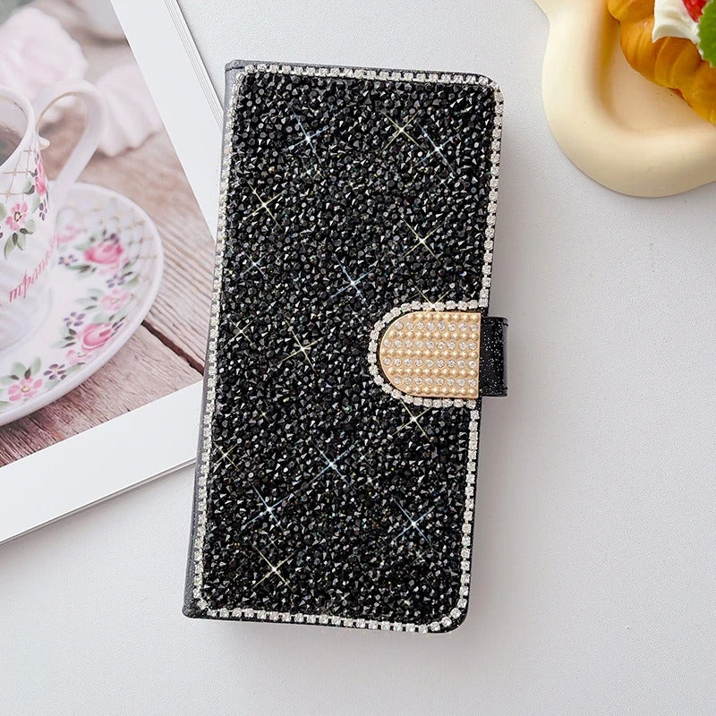 Luxury iPhone Glitter Wallet Flip Case — PU Leather Cover with Sparkling Design, Card Storage Compartment, Full Body Protection, Stylish and Durable