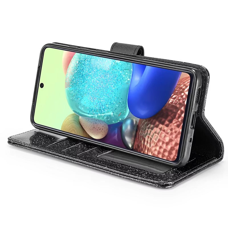 Luxury iPhone Glitter Wallet Flip Case — PU Leather Cover with Sparkling Design, Card Storage Compartment, Full Body Protection, Stylish and Durable