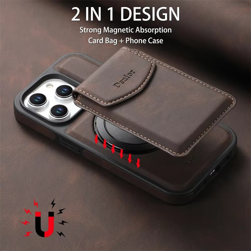 Luxury iPhone Leather Card Holder Case with 360° Ring Stand — MagSafe Compatible Magnetic Cover, Wireless Charging Support, Shockproof Anti-Fingerprint Protection