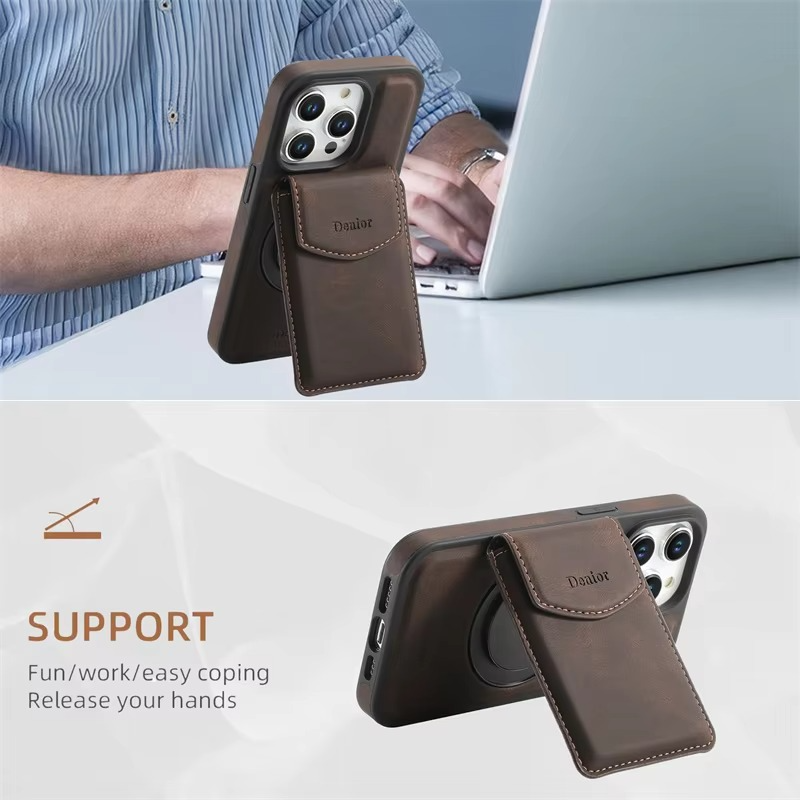 Luxury iPhone Leather Card Holder Case with 360° Ring Stand — MagSafe Compatible Magnetic Cover, Wireless Charging Support, Shockproof Anti-Fingerprint Protection