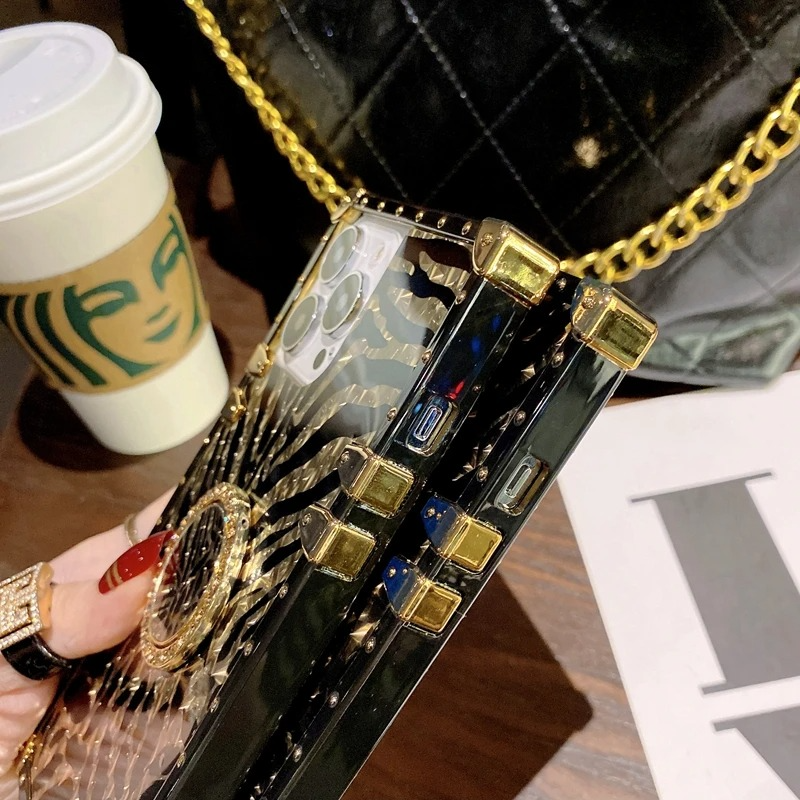 Luxury iPhone Leather Case with Gold Ring Holder — Stylish Protective Cover for Women, Shockproof Design, Glitter Finish, Anti-Scratch Dustproof Protection