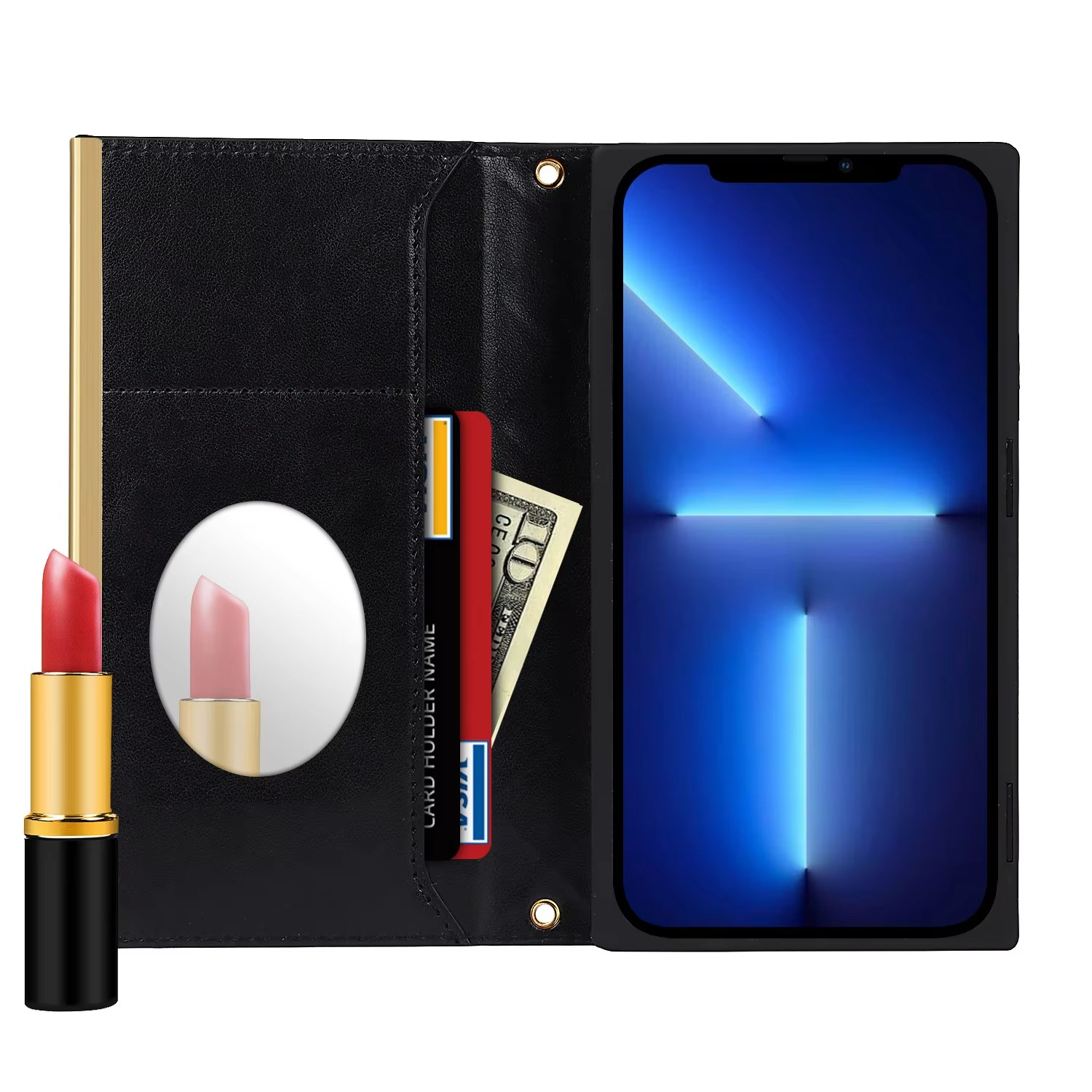 Luxury iPhone Leather Crossbody Wallet Case — PU Leather Cover with Card Holder, Chain Strap Lanyard, Kickstand Function, Shockproof Dustproof Protection