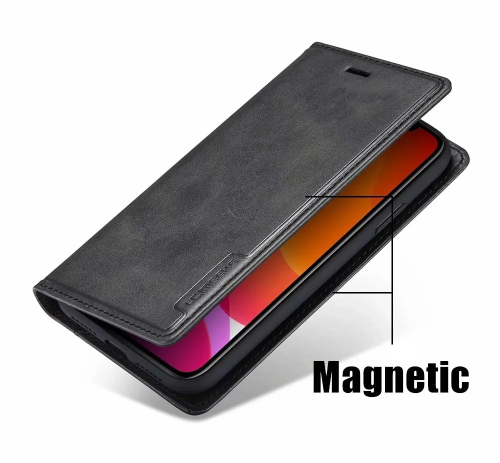 Luxury iPhone Leather Flip Case with Card & SIM Slots — Magnetic PU Leather Cover, Slim Folio Design, Full Body Protection, Lightweight and Stylish