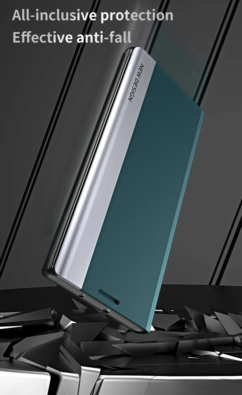 Luxury iPhone Leather Flip Case with Stand — Plating Book-Style Cover, Kickstand Holder, Shockproof Protection, Anti-Fingerprint Matte Finish