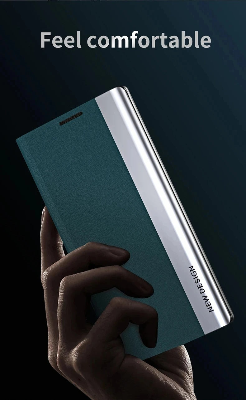 Luxury iPhone Leather Flip Case with Stand — Plating Book-Style Cover, Kickstand Holder, Shockproof Protection, Anti-Fingerprint Matte Finish