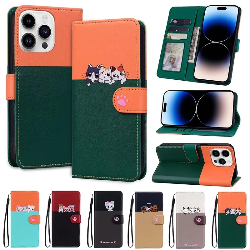 Luxury iPhone Leather Flip Wallet Case — Cute Cat Pet Design, Magnetic Cover with Card Holder, Stand Function, Shockproof Anti-Scratch Protection for Women