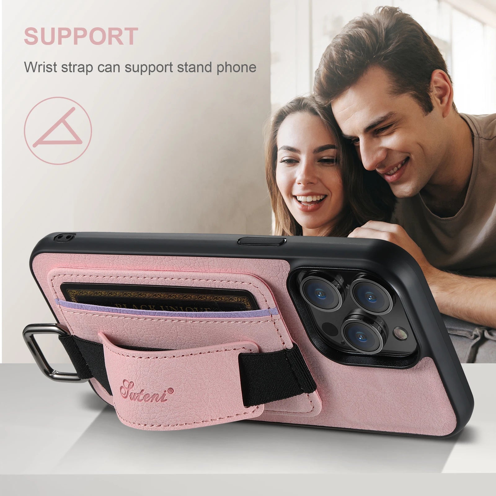 Luxury iPhone Leather Wallet Case with Card Holder — Wrist Strap Design, PU Leather Cover, Shockproof Full Body Protection, Stylish Storage Compartment