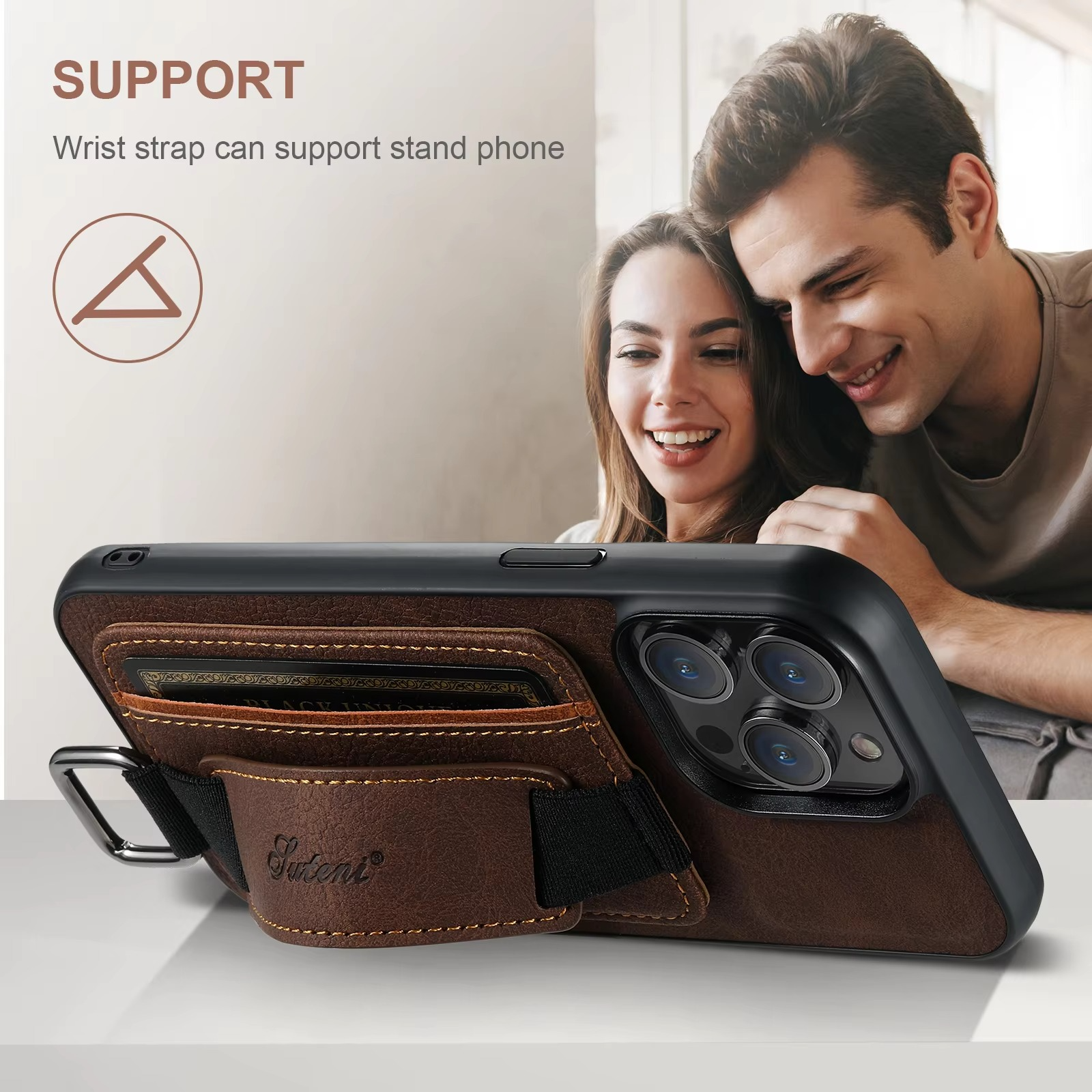 Luxury iPhone Leather Wallet Case with Card Holder — Wrist Strap Design, PU Leather Cover, Shockproof Full Body Protection, Stylish Storage Compartment