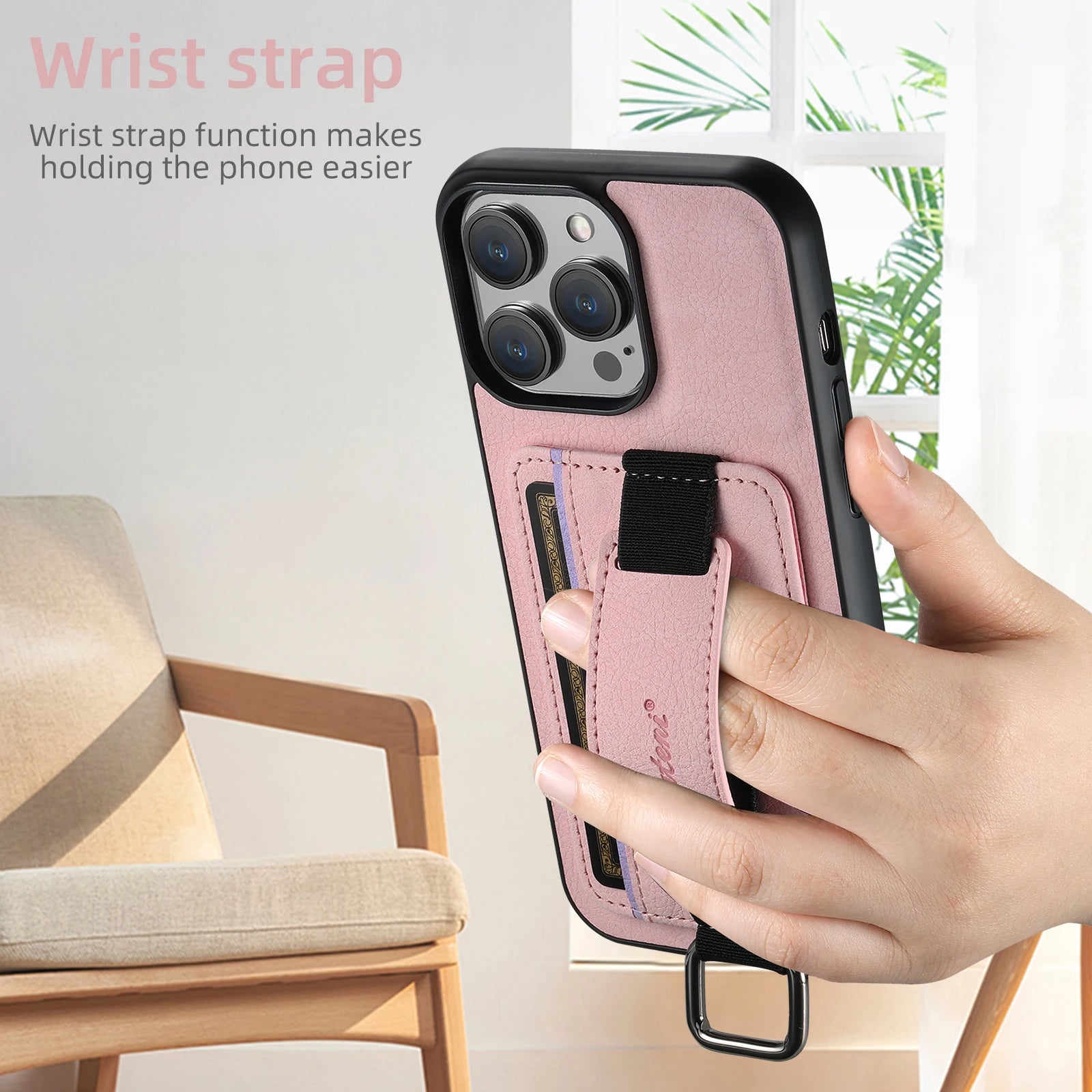 Luxury iPhone Leather Wallet Case with Card Holder — Wrist Strap Design, PU Leather Cover, Shockproof Full Body Protection, Stylish Storage Compartment
