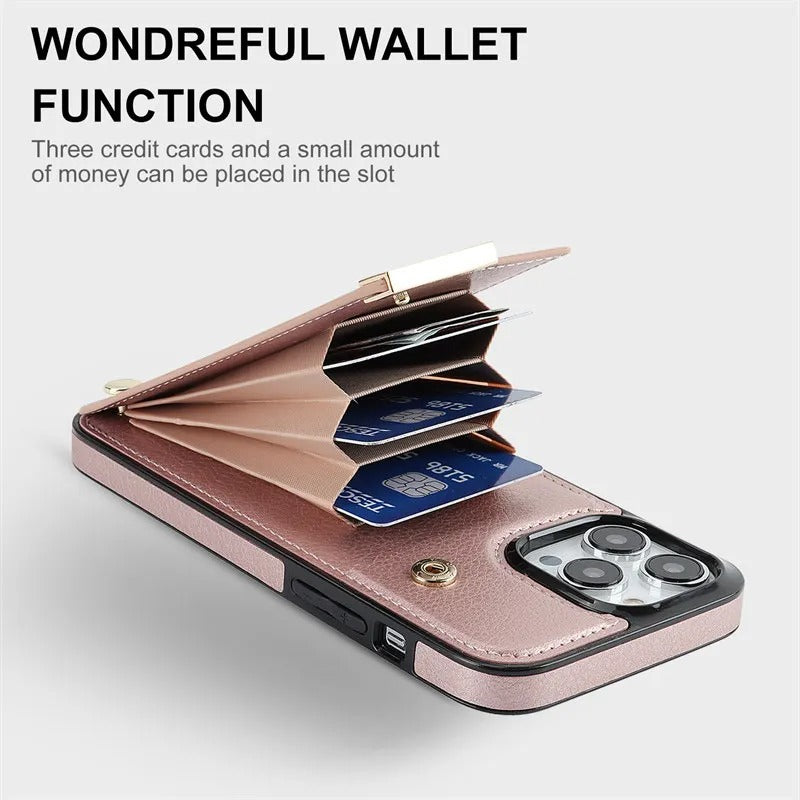 Luxury iPhone Leather Wallet Case with Card Holders — Kickstand Function, Full Body Protective Cover, Shockproof Design, Stylish and Functional Phone Case