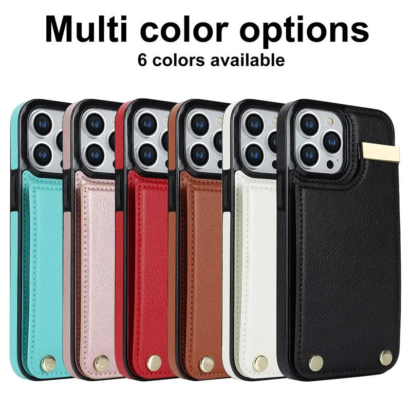 Luxury iPhone Leather Wallet Case with Card Holders — Kickstand Function, Full Body Protective Cover, Shockproof Design, Stylish and Functional Phone Case