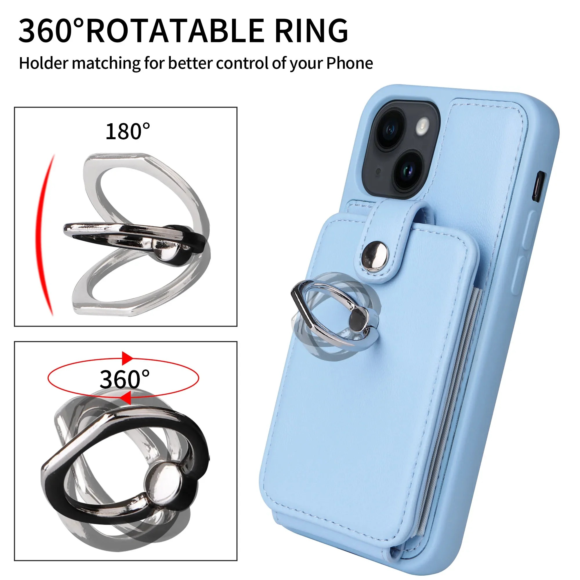 Luxury iPhone Leather Wallet Case with Ring Holder — Card Slot Cover, Shockproof Protective Design, Anti-Fingerprint Scratch-Resistant Non-Slip Finish