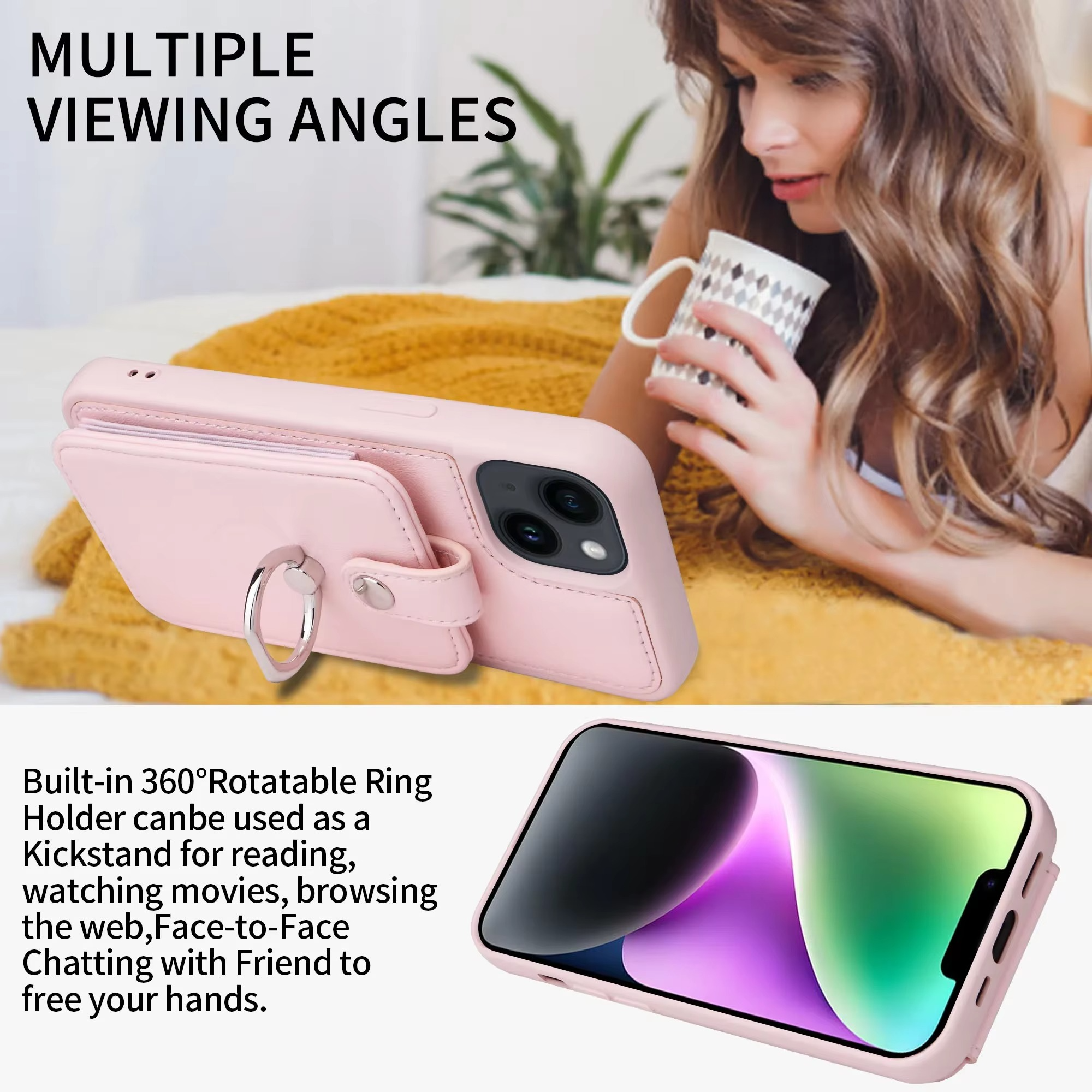 Luxury iPhone Leather Wallet Case with Ring Holder — Card Slot Cover, Shockproof Protective Design, Anti-Fingerprint Scratch-Resistant Non-Slip Finish