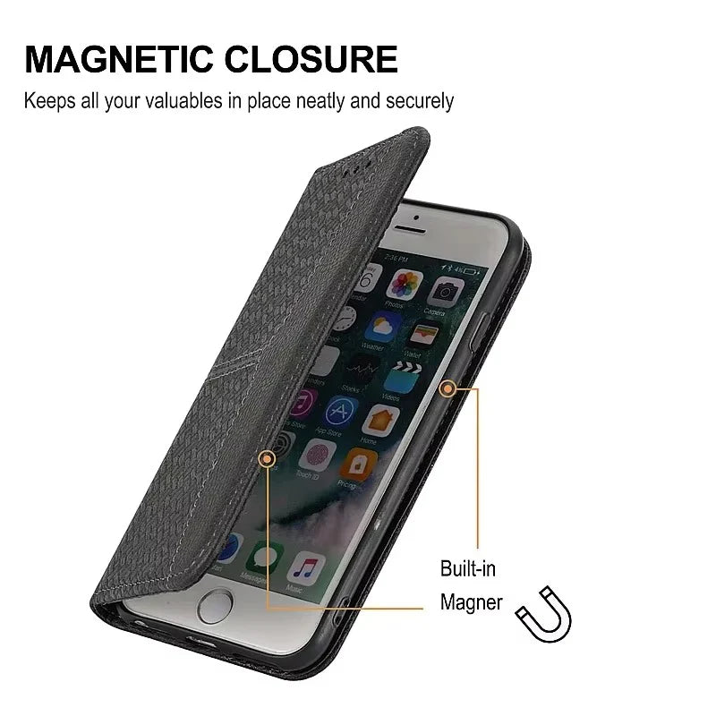 Luxury iPhone Leather Wallet Flip Case — Magnetic Cover with Card Holder, Kickstand Function, Dual Layer Shockproof Protection, Anti-Fingerprint Design