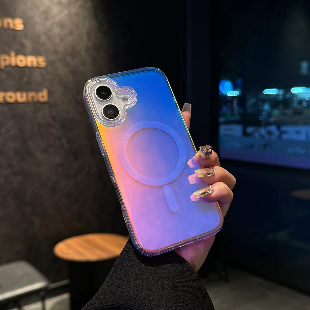 Luxury iPhone MagSafe Case Aurora Gradient Laser Design — Luggage Style Tough Cover, Shockproof Protective Finish for a Stylish Blue Look