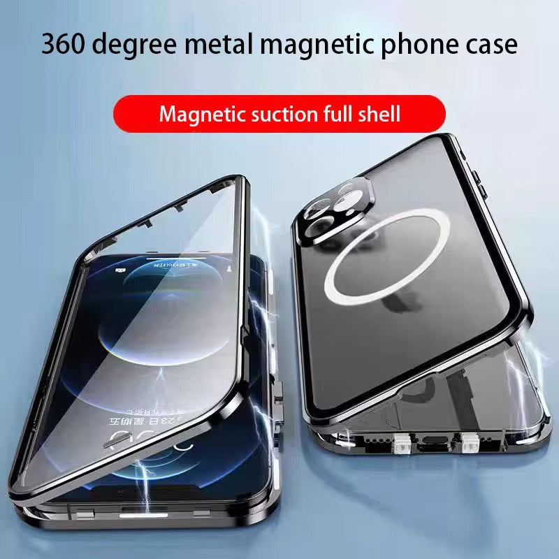 Luxury iPhone MagSafe Case Double-Sided Glass Cover — 360° Full Body HD Transparent Protection, Magnetic Metal Alloy Frame, Shockproof Anti-Fingerprint Design
