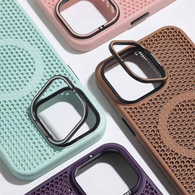 Luxury iPhone MagSafe Case Honeycomb Heat Dissipation — Matte Shockproof Cover with Lens Holder, Lightweight Anti-Fingerprint Scratch-Resistant Design