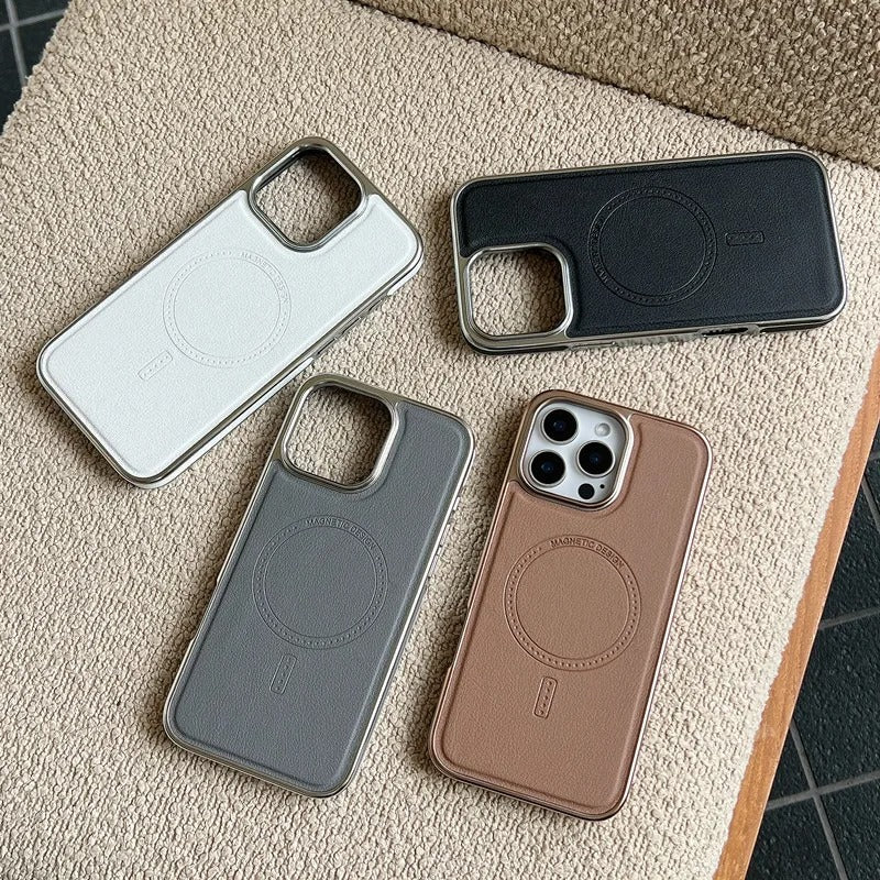 Luxury iPhone MagSafe Case Leather Matte Cover — Plating Frame Magnetic Wireless Charging, Business Style Shockproof Bumper Armor, Anti-Fingerprint Scratch-Resistant Design