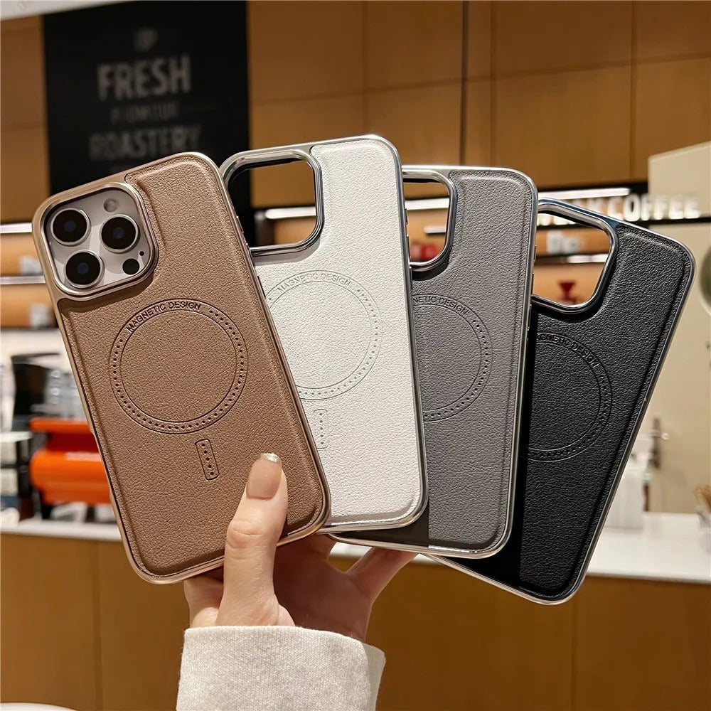Luxury iPhone MagSafe Case Leather Matte Cover — Plating Frame Magnetic Wireless Charging, Business Style Shockproof Bumper Armor, Anti-Fingerprint Scratch-Resistant Design