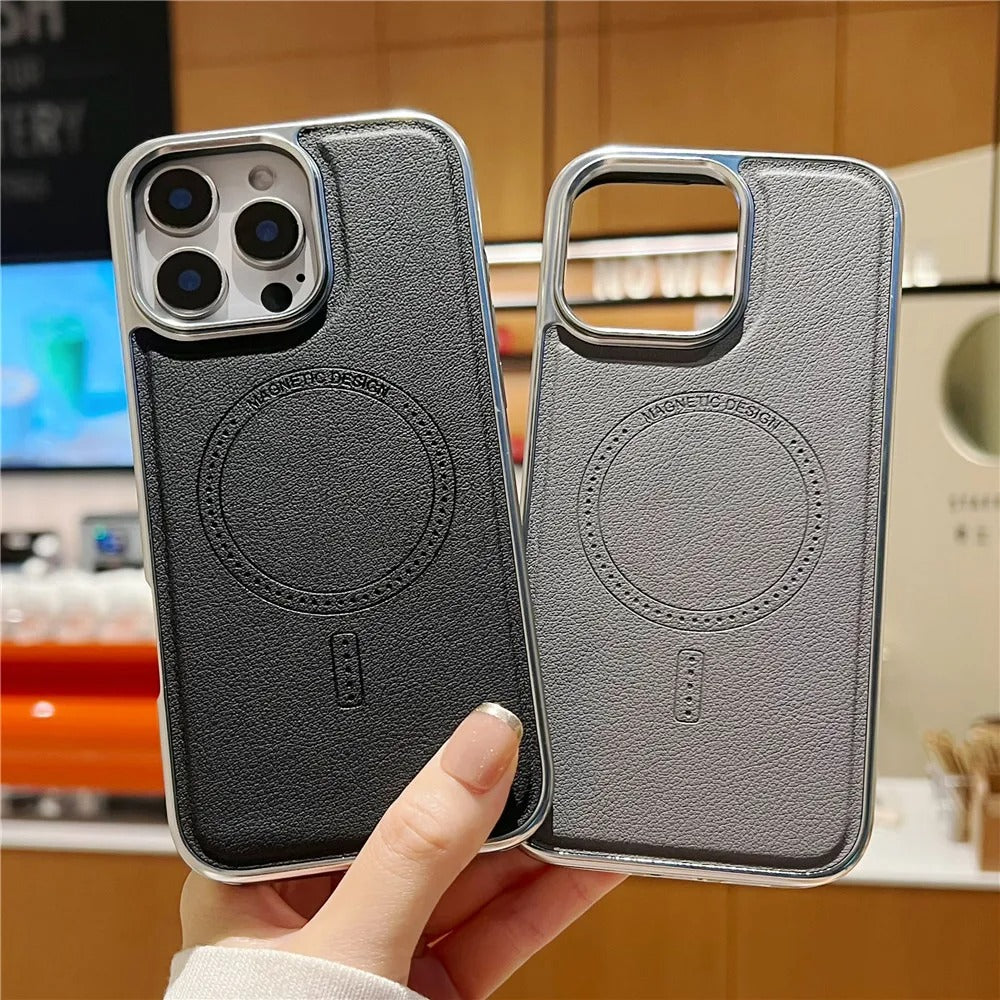 Luxury iPhone MagSafe Case Leather Matte Cover — Plating Frame Magnetic Wireless Charging, Business Style Shockproof Bumper Armor, Anti-Fingerprint Scratch-Resistant Design