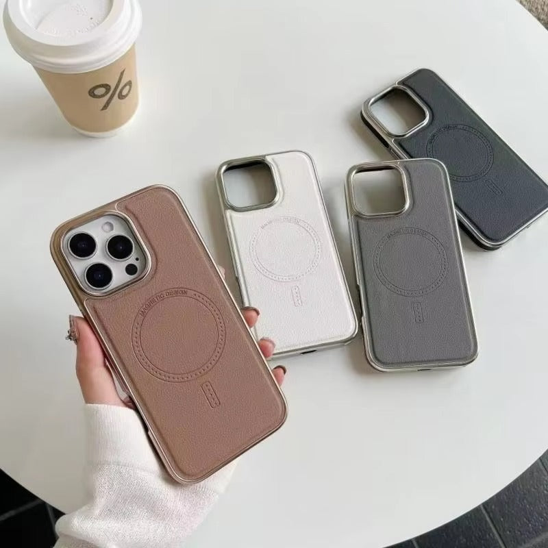 Luxury iPhone MagSafe Case Leather Matte Cover — Plating Frame Magnetic Wireless Charging, Business Style Shockproof Bumper Armor, Anti-Fingerprint Scratch-Resistant Design