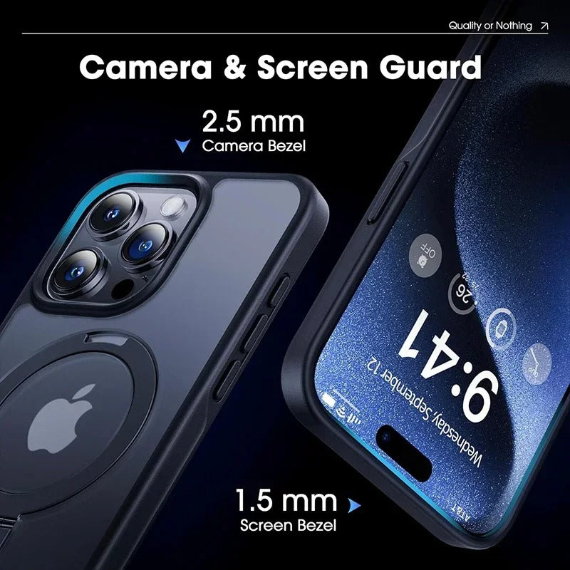 Luxury iPhone MagSafe Case Matte Design — Metal Ring Stand Holder with Lens Protector, Magnetic Wireless Charging, Shockproof Anti-Scratch Non-Slip Cover