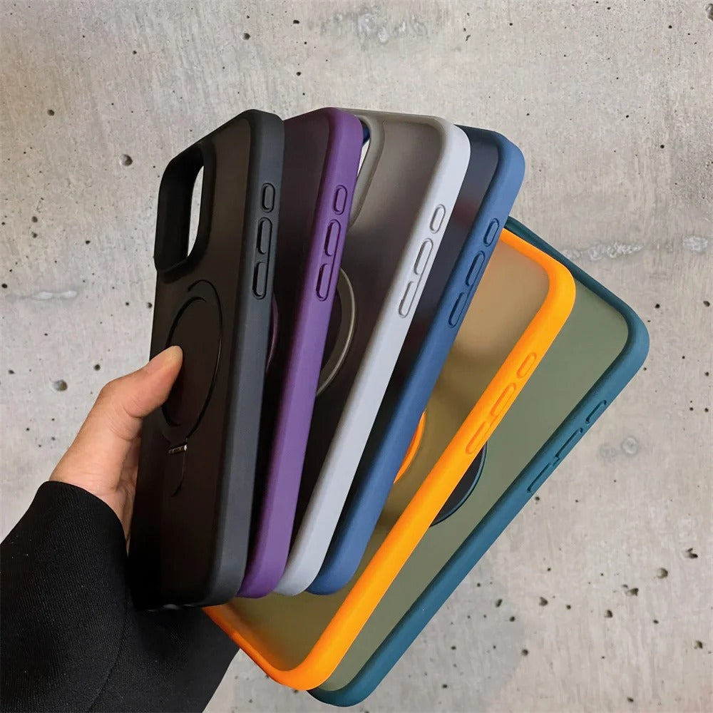 Luxury iPhone MagSafe Case Matte Design — Metal Ring Stand Holder with Lens Protector, Magnetic Wireless Charging, Shockproof Anti-Scratch Non-Slip Cover