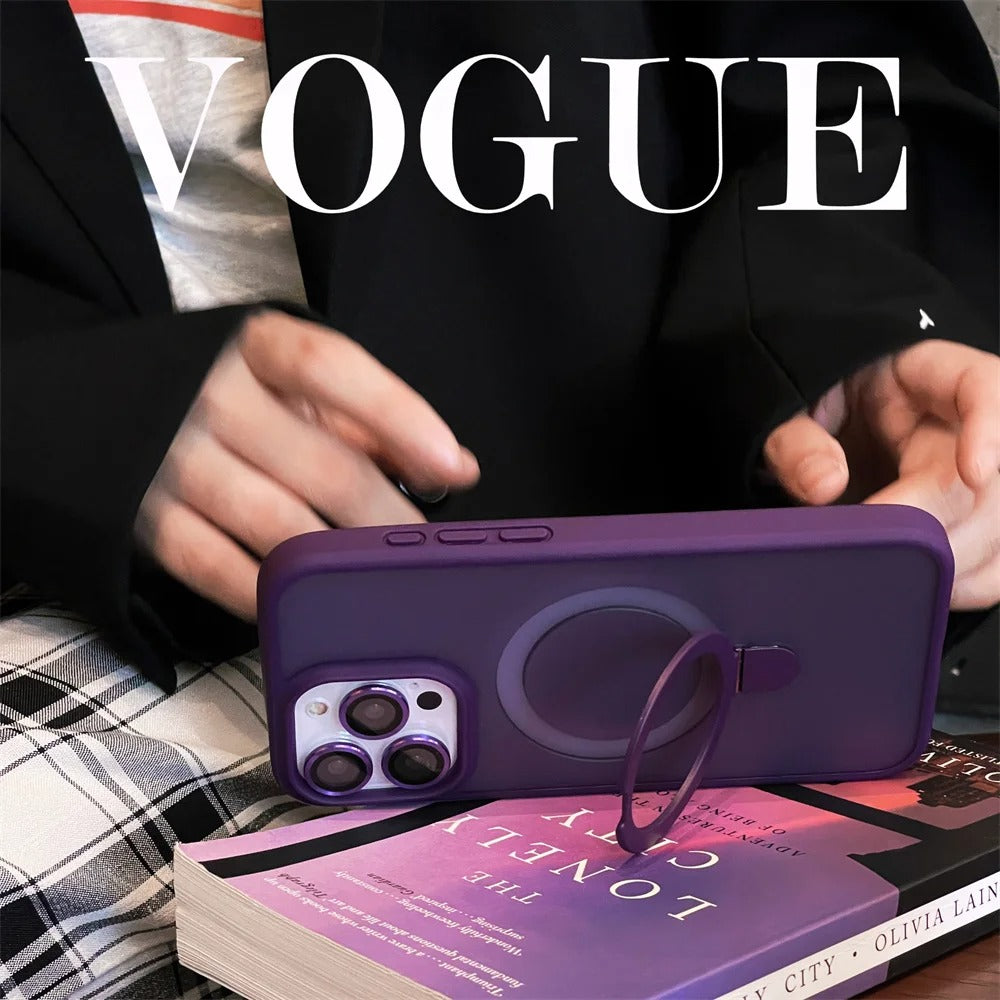 Luxury iPhone MagSafe Case Matte Design — Metal Ring Stand Holder with Lens Protector, Magnetic Wireless Charging, Shockproof Anti-Scratch Non-Slip Cover
