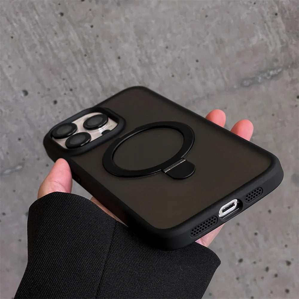 Luxury iPhone MagSafe Case Matte Design — Metal Ring Stand Holder with Lens Protector, Magnetic Wireless Charging, Shockproof Anti-Scratch Non-Slip Cover