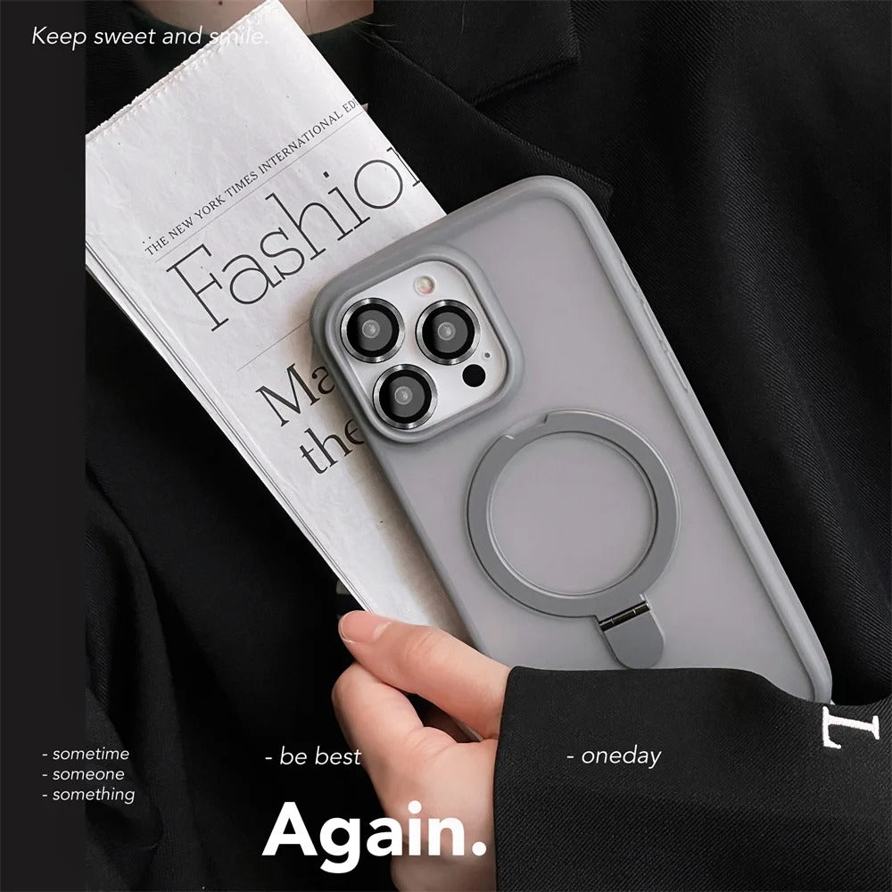 Luxury iPhone MagSafe Case Matte Design — Metal Ring Stand Holder with Lens Protector, Magnetic Wireless Charging, Shockproof Anti-Scratch Non-Slip Cover