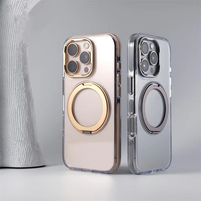 Luxury iPhone Case — MagSafe Transparent Hard PC Cover with 360° Kickstand Holder, Magnetic Wireless Charging and Full-Coverage Shockproof Protection