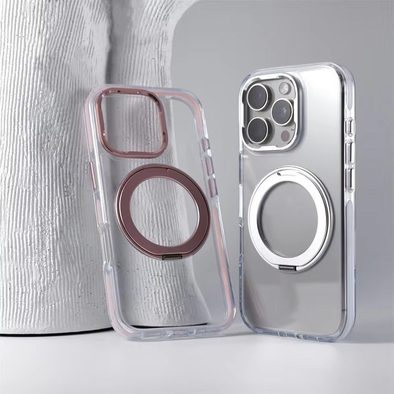 Luxury iPhone Case — MagSafe Transparent Hard PC Cover with 360° Kickstand Holder, Magnetic Wireless Charging and Full-Coverage Shockproof Protection