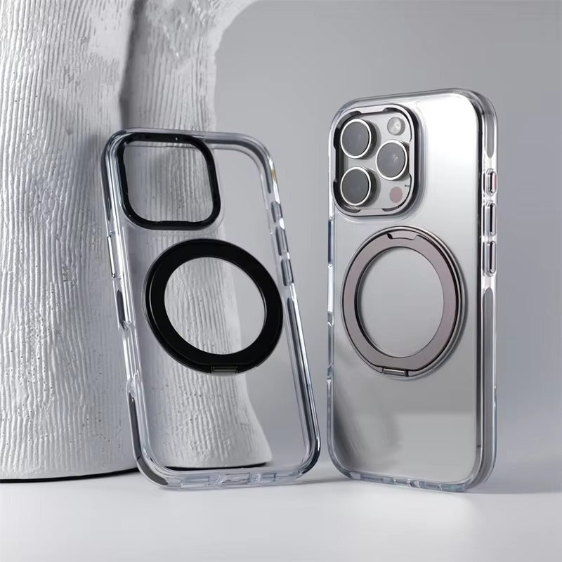 Luxury iPhone Case — MagSafe Transparent Hard PC Cover with 360° Kickstand Holder, Magnetic Wireless Charging and Full-Coverage Shockproof Protection