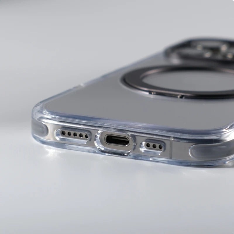 Luxury iPhone Case — MagSafe Transparent Hard PC Cover with 360° Kickstand Holder, Magnetic Wireless Charging and Full-Coverage Shockproof Protection