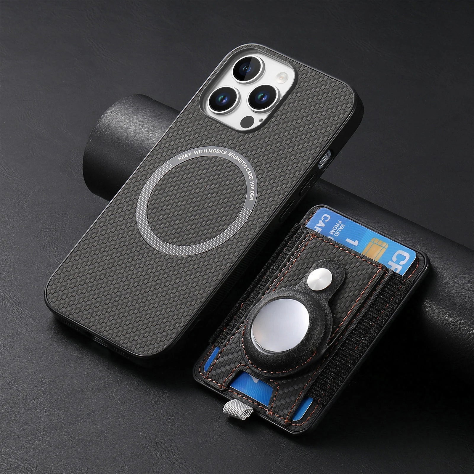 Luxury iPhone MagSafe Case with AirTag Card Holder — Magnetic Adsorption Wallet Cover, Slim PC+TPU Design, Anti-Scratch Dustproof Non-Slip Protection