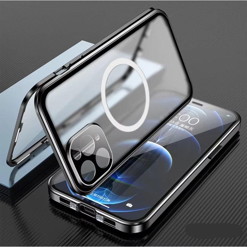 Luxury iPhone MagSafe Case with Double-Sided Glass — 360° Full Body Protection, HD Transparent Metal Alloy Frame, Magnetic Shockproof Anti-Fingerprint Cover