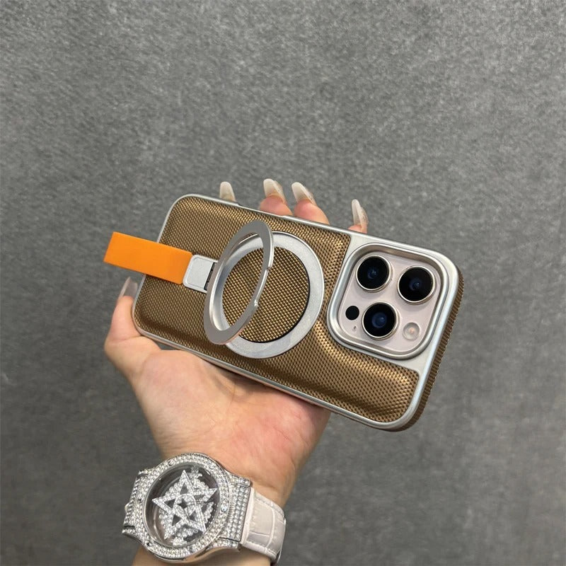 Luxury iPhone MagSafe Case with Metal Ring Holder — Electroplated Matte PC Cover, Shockproof Tough Protection, Wireless Charging Compatible Non-Slip Design