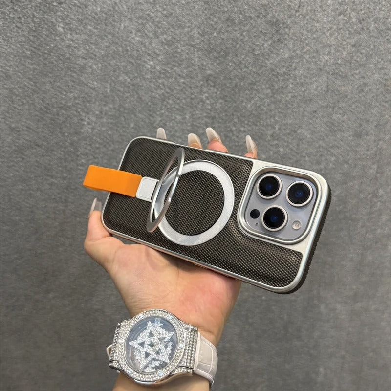 Luxury iPhone MagSafe Case with Metal Ring Holder — Electroplated Matte PC Cover, Shockproof Tough Protection, Wireless Charging Compatible Non-Slip Design