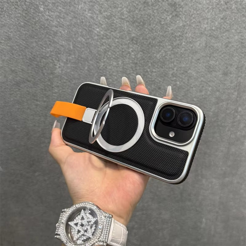 Luxury iPhone MagSafe Case with Metal Ring Holder — Electroplated Matte PC Cover, Shockproof Tough Protection, Wireless Charging Compatible Non-Slip Design