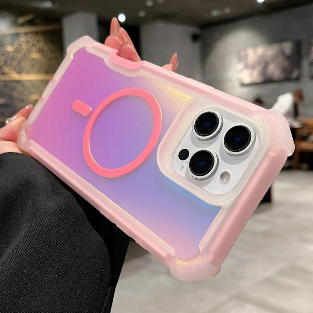 Luxury iPhone MagSafe Laser Armor Case — Color-Changing Dazzling Dual Layer Cover, Wireless Charging Compatible, Military Grade Shockproof Protection