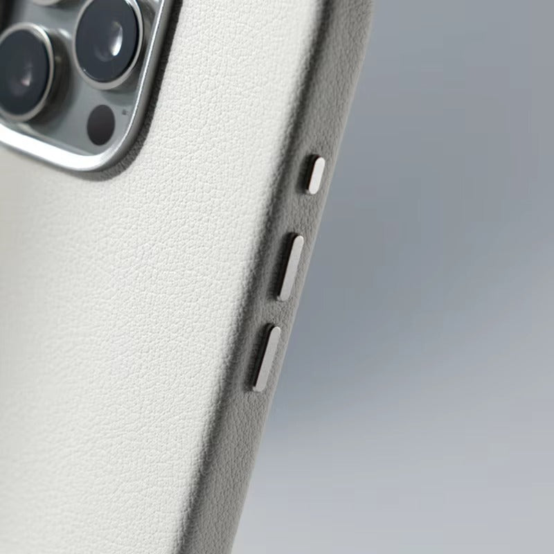 Luxury iPhone MagSafe Leather Case — Simple Solid Color Hard PC Cover, Wireless Charging Compatible, Alloy Lens Protection, Matte Anti-Fingerprint Finish