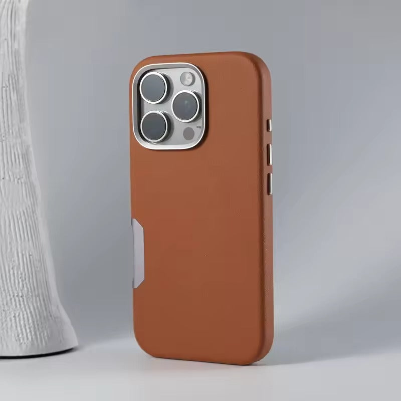 Luxury iPhone MagSafe Leather Case — Simple Solid Color Hard PC Cover, Wireless Charging Compatible, Alloy Lens Protection, Matte Anti-Fingerprint Finish