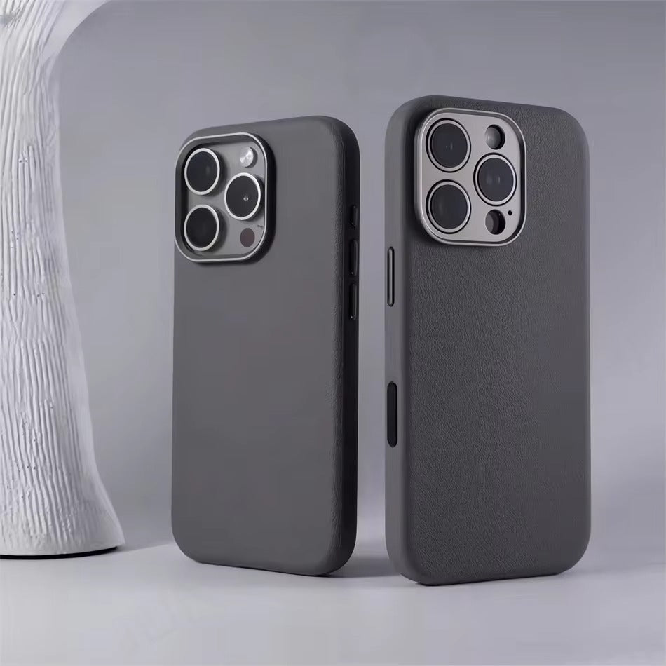 Luxury iPhone MagSafe Leather Case — Simple Solid Color Hard PC Cover, Wireless Charging Compatible, Alloy Lens Protection, Matte Anti-Fingerprint Finish