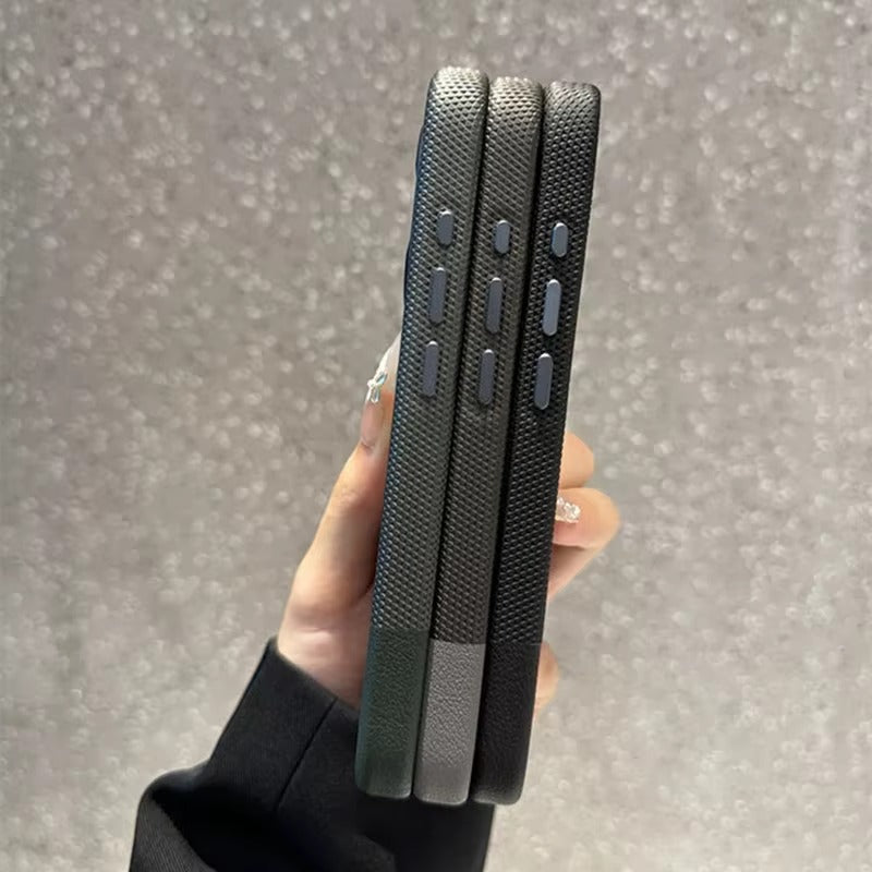 Luxury iPhone MagSafe Leather Case — Trendy Hit Color Relief Design with Alloy Lens Protection, Wireless Charging, Shockproof Anti-Fingerprint Cover