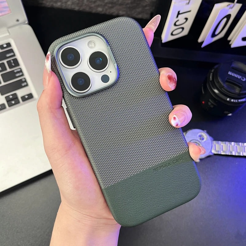 Luxury iPhone MagSafe Leather Case — Trendy Hit Color Relief Design with Alloy Lens Protection, Wireless Charging, Shockproof Anti-Fingerprint Cover