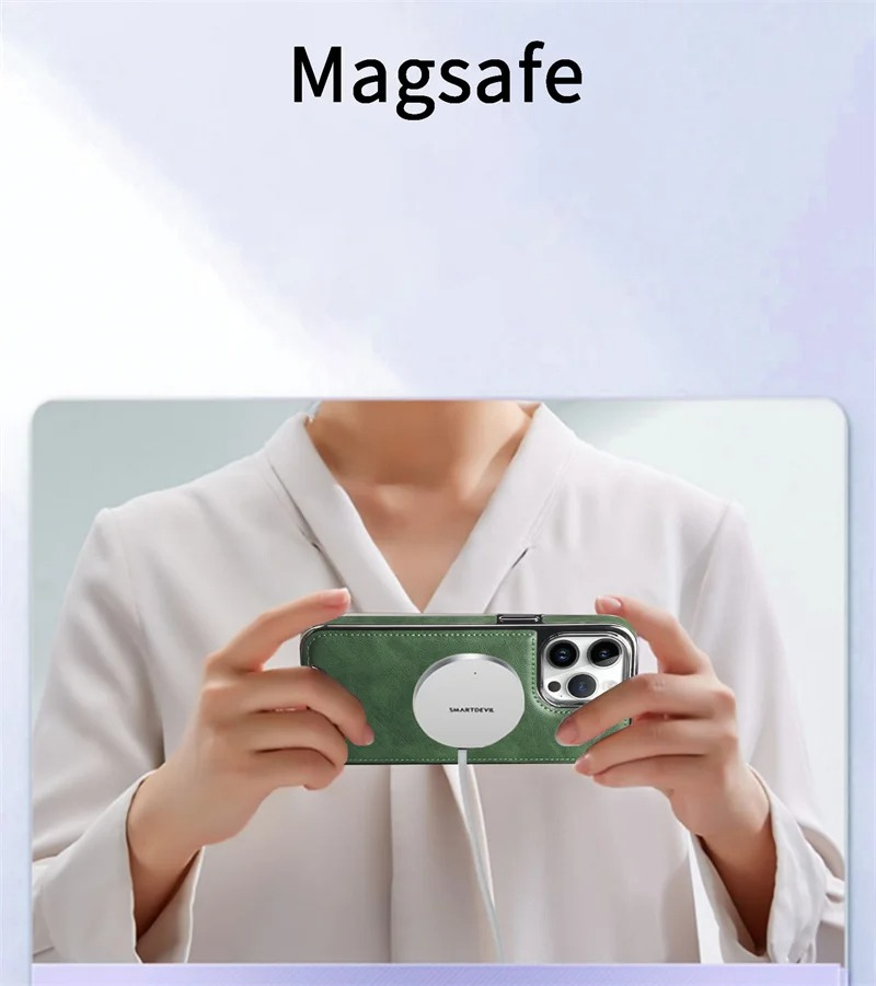 Luxury iPhone MagSafe Leather Wallet Case — Strong Magnetic Card Holder Cover with Kickstand, Shockproof Protection, Anti-Fingerprint Scratch-Resistant Design