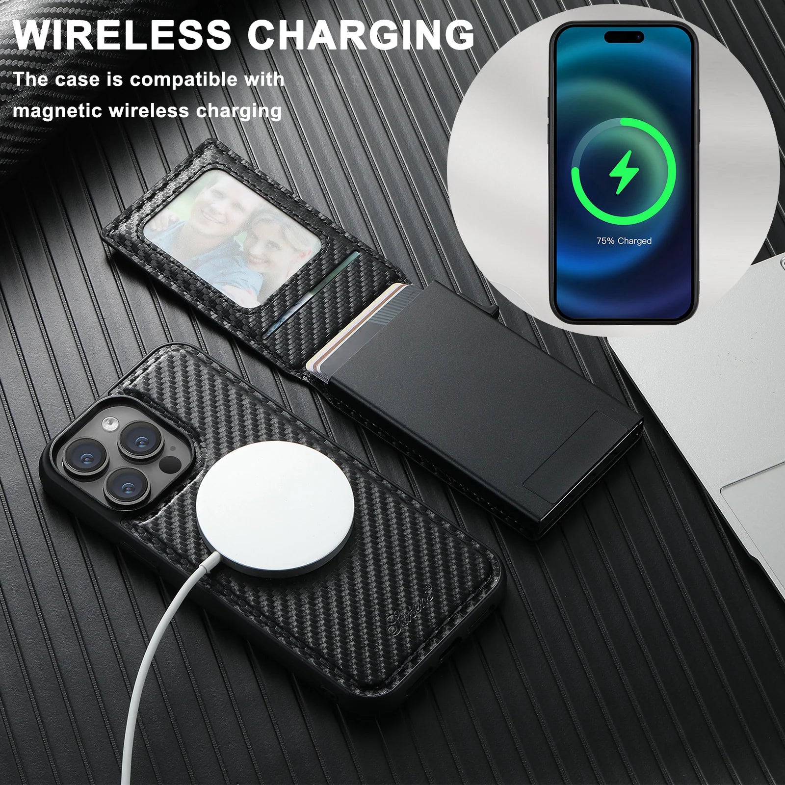 Luxury iPhone MagSafe Wallet Case with Removable Card Holder — Carbon Fiber Texture, Magnetic Cover, Shockproof Anti-Scratch Dustproof Non-Slip Design