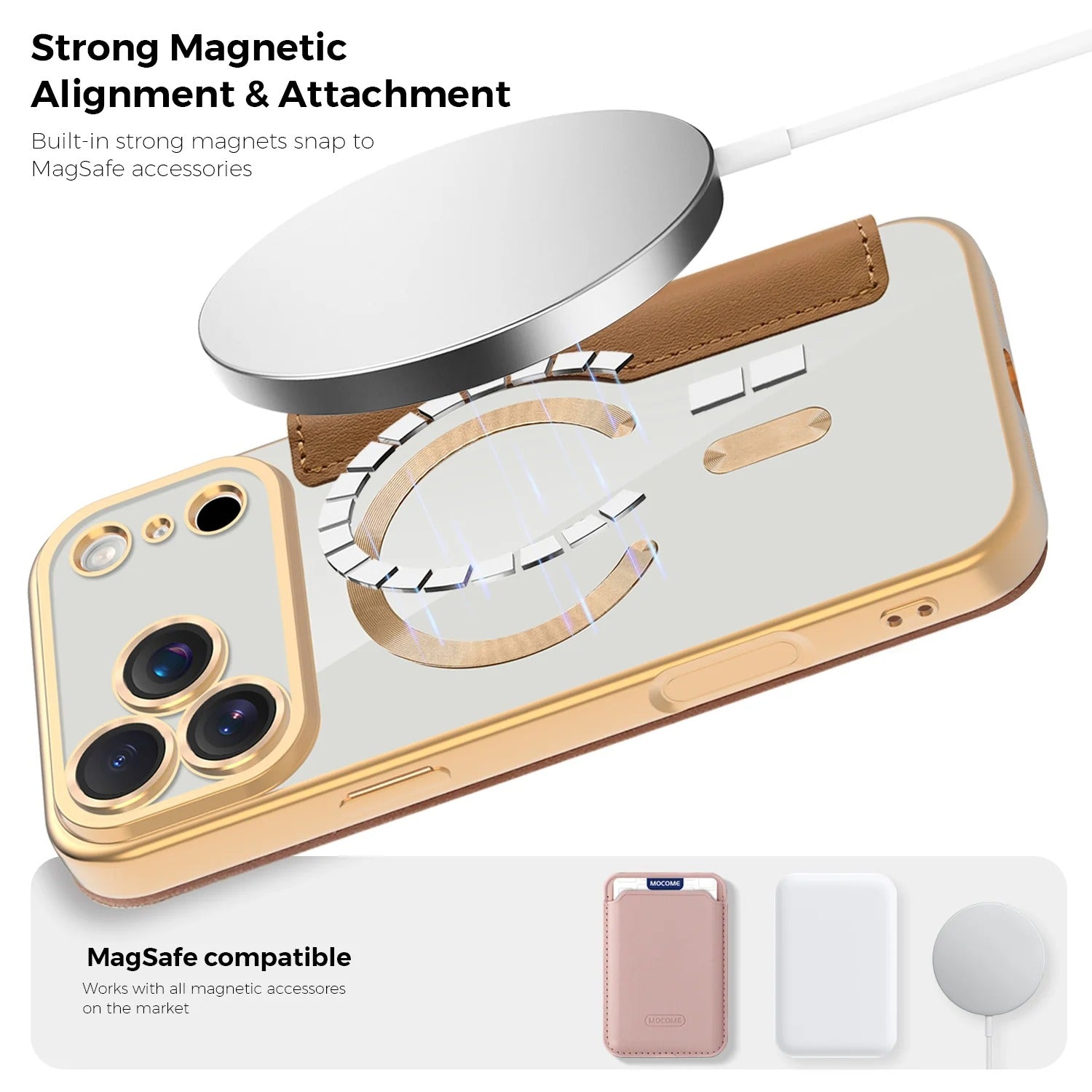 Luxury iPhone Magnetic Flip Case — PU Leather Plating Clear Cover with Card Holder, MagSafe Stand Support, Shockproof Anti-Fingerprint Full Coverage Design