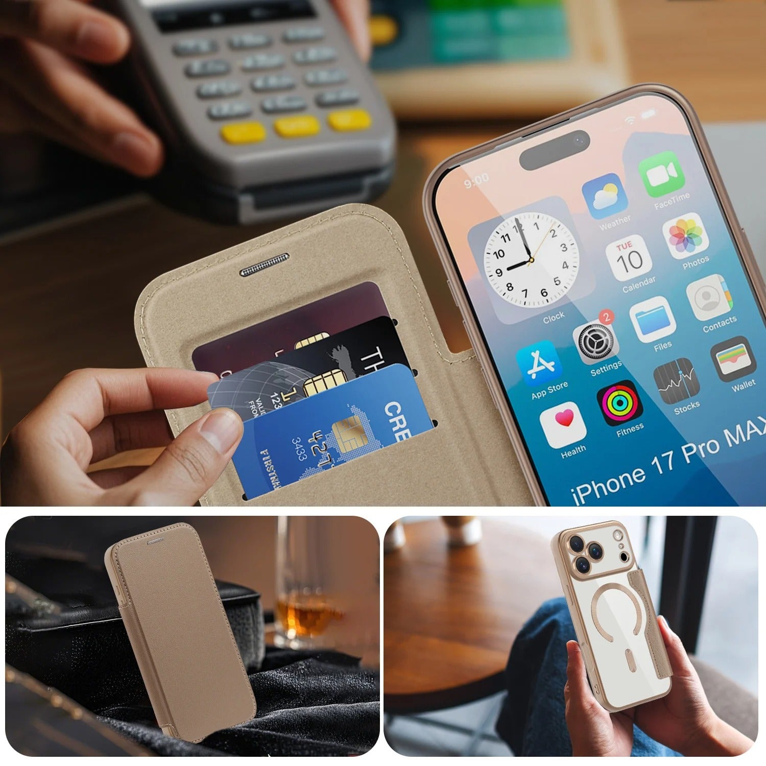 Luxury iPhone Magnetic Flip Case — PU Leather Plating Clear Cover with Card Holder, MagSafe Stand Support, Shockproof Anti-Fingerprint Full Coverage Design